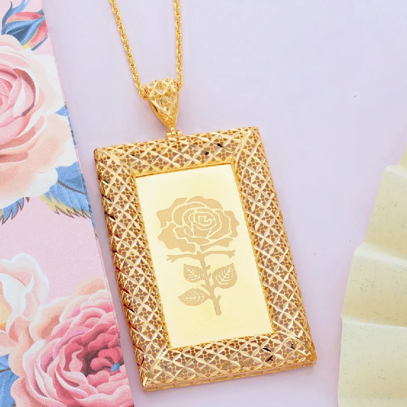 Custom Gemstone Necklace For Custom Gifts-Gold Necklace (Chain Rectangle Shaped Rose Frame Pendant) 21KT - FKJNKL21KM9620