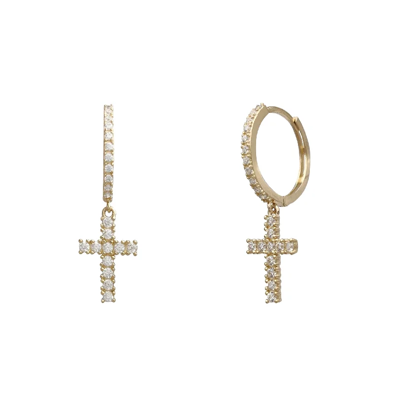 Handcrafted Gold Earrings For Special Gifts-Zirconia Cross Huggie Earrings (14K)