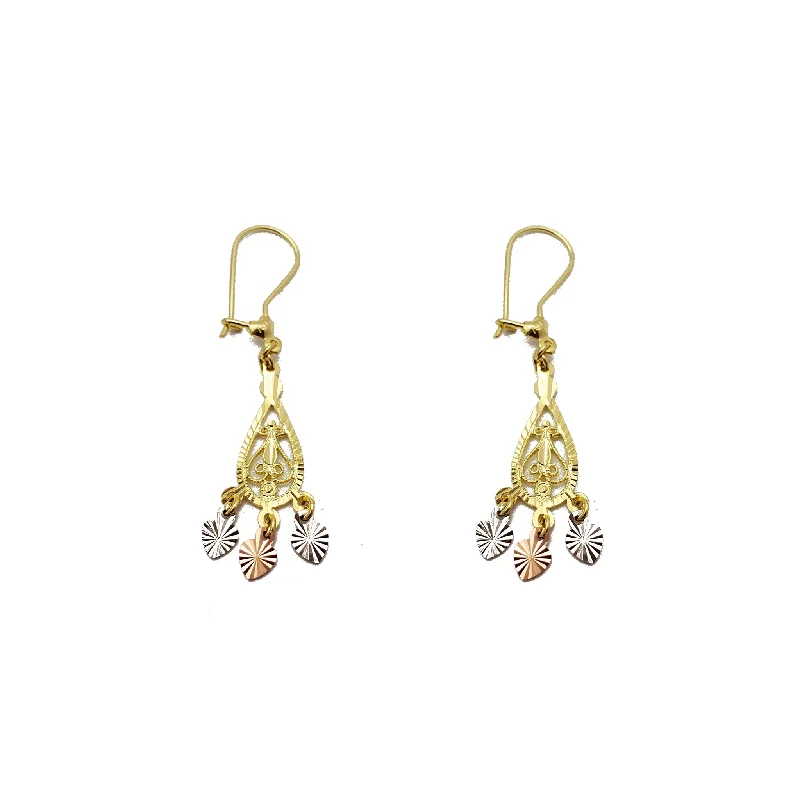 Custom Gold Earrings With Birthstones-Tricolor Pear-Shape Chandelier Dangling Earrings (14K)