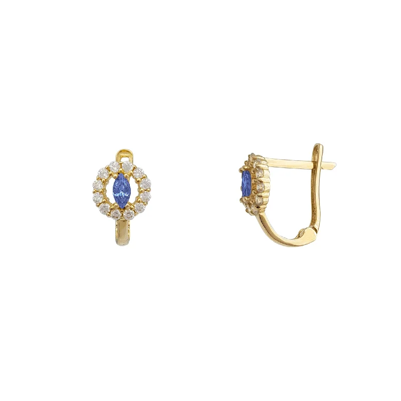 Boho Style Earrings For Casual Outfits-Zirconia Halo Blue Marquise Huggie Earrings (14K)