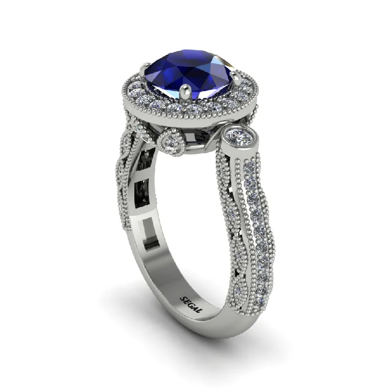 Classic Stacking Wedding Rings For Bridesmaids-Milgrain Halo Pave Sapphire Engagement Ring - Mabel No. 15