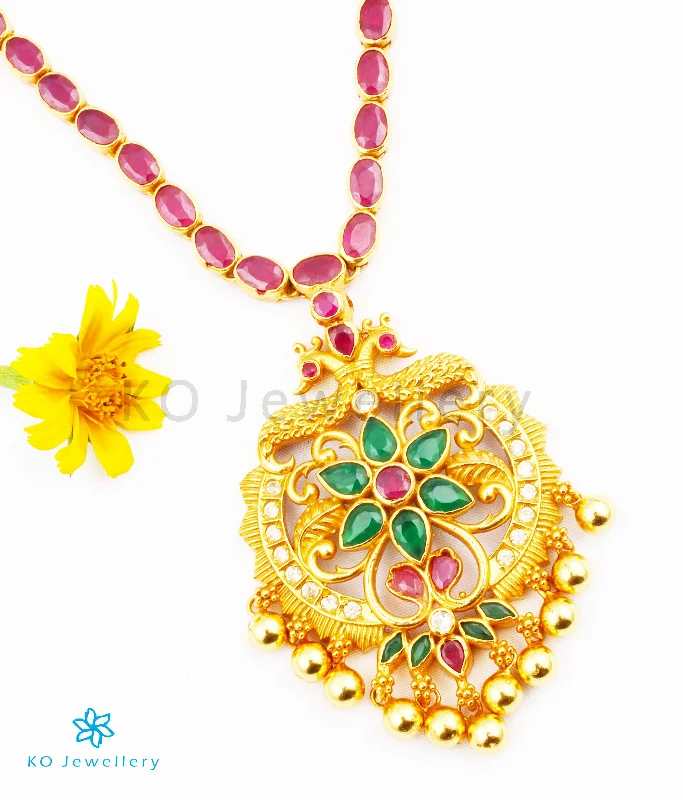 Personalized Gold Pendant Necklace For Day Wear-The Chaitali Silver Peacock Kemp Necklace (Red)