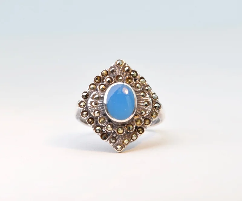 Simple Engagement Rings With Classic Gemstones-Sterling Silver/Marcasite Ring with Blue Onyx Cabochon