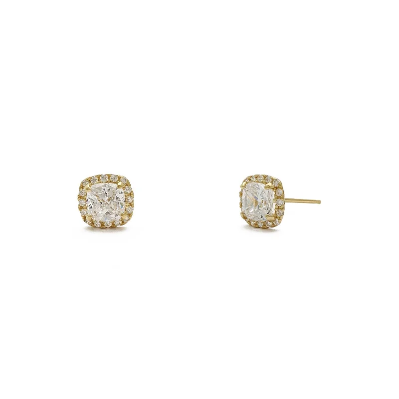 Gold Earrings With Amethyst For Fashion-[Push-Back] Radiant-Cut Cushion Halo Stud Earrings (14K)