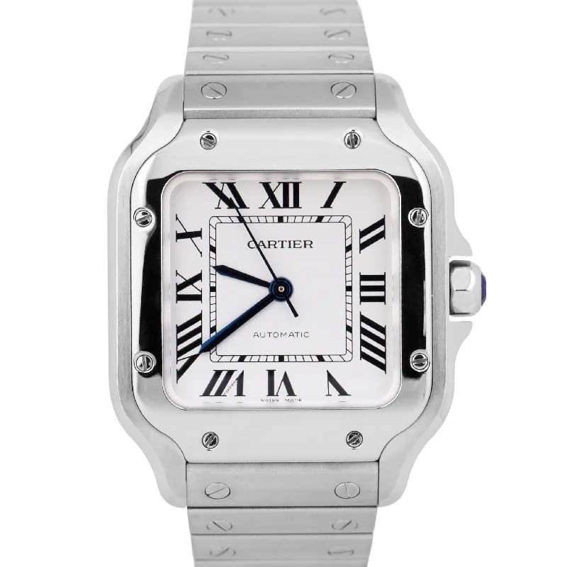 Unique Women’s Watches With Leather Bands-MINT Cartier Santos Mid-Size 35mm WHITE Roman Stainless Steel WSSA0029 4075