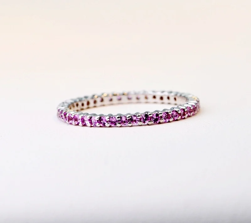 Trendy Gold Rings For Custom Wedding Bands-18K white gold band with 1.7mm Pink Sapphires all around