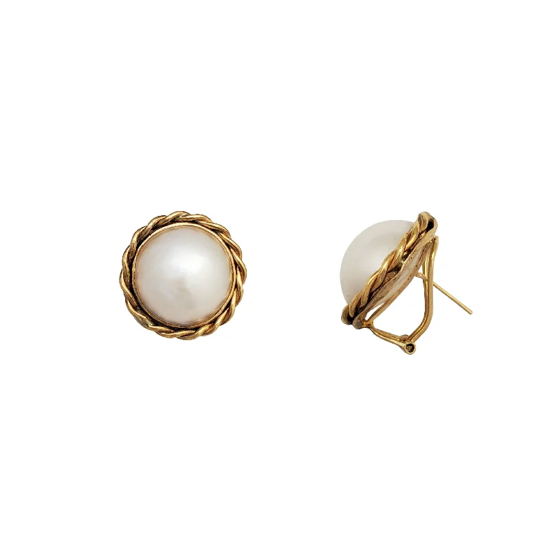 Silver Earrings For Office Look-Rope Frame Pearl Stud Earrings (14K)