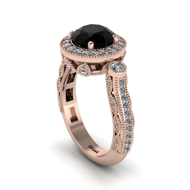 Sparkling Gemstone Wedding Rings For Bridesmaids-Milgrain Halo Pave Black Diamond Engagement Ring - Mabel No. 8