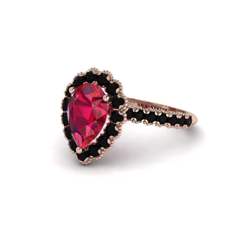 Classic Gold Rings For Engagement Day-Halo Pear Ruby Pave Engagement Ring - Ingrid No. 41