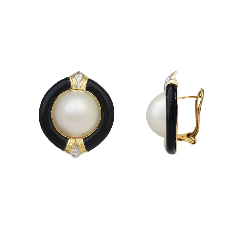 Silver Earrings For Formal Events-Black Onyx & Pearl Omega-Back Earrings (14K)