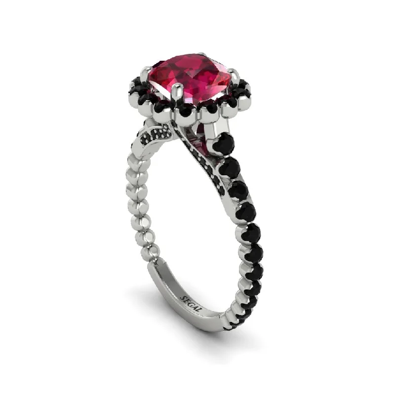 Trendy Wedding Rings For Fashion-Forward Grooms-Modern Ruby Cushion Cut Engagement Ring - Uma No. 42