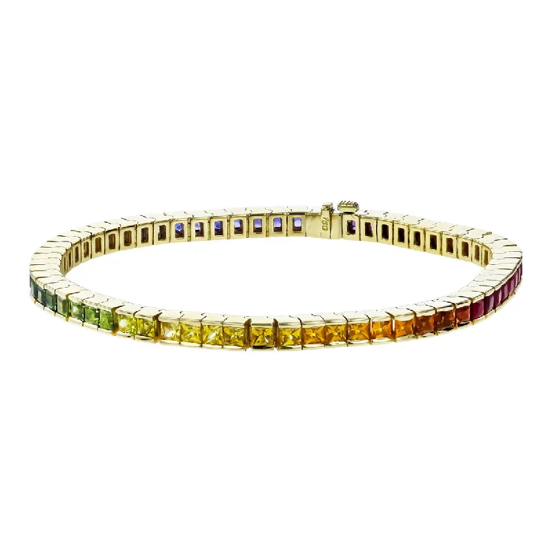 Dainty Gold Bracelets For Layering-18K Yellow Gold Rainbow Sapphire and Ruby Bracelet