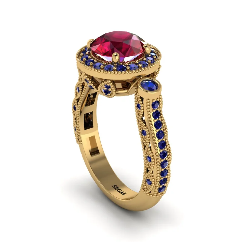 Classic Men’s Wedding Rings For Special Moments-Milgrain Halo Pave Ruby Engagement Ring - Mabel No. 70