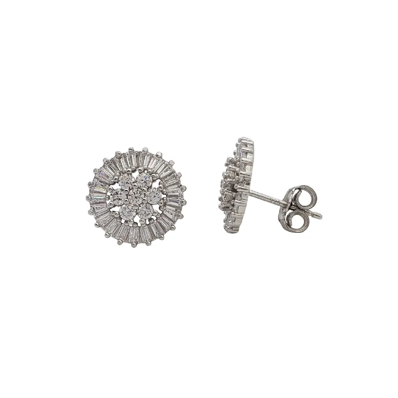 Designer Earrings For Special Celebrations-Zirconia Round & Baguettes Earrings (Silver)