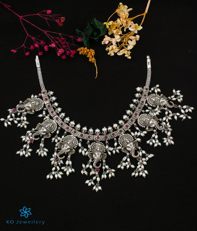 Long Crystal Necklace For Evening Wear-The Gajrup Silver Ganesha Guttapusalu Necklace