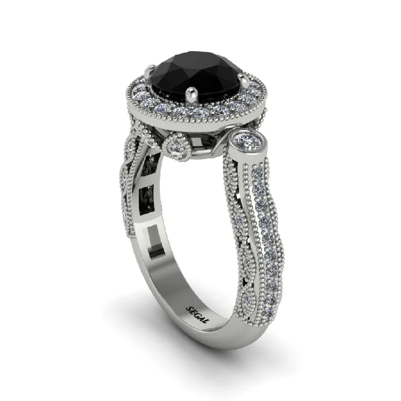 Simple Wedding Rings For Modern Grooms-Milgrain Halo Pave Black Diamond Engagement Ring - Mabel No. 9