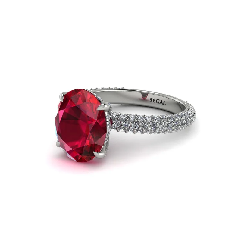 Personalized Titanium Rings For Wedding Day-Oval Cut Ruby Classic Pave Engagement Ring - Irene No. 12