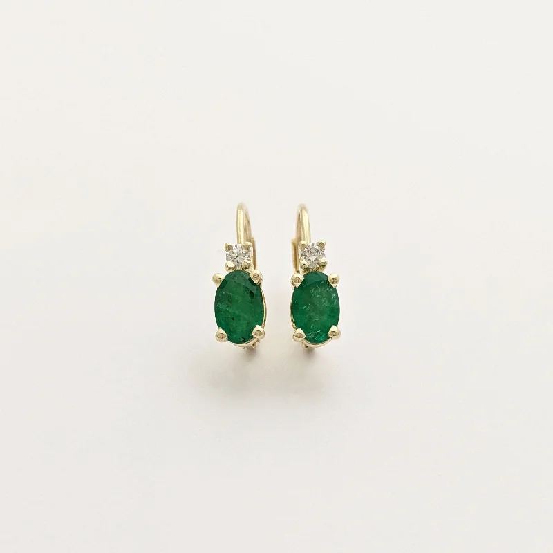 Custom Earrings For Wedding Gifts-Oval Emerald and Diamond Huggie Earrings (14K)