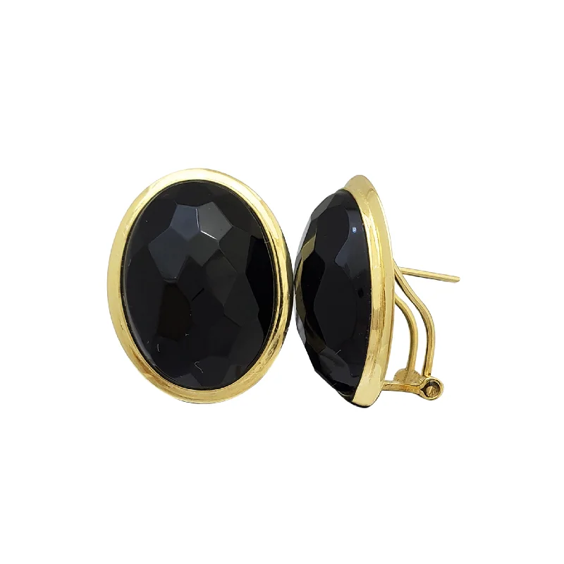 Chic Crystal Earrings For Night Out-Oval Faceted Black Onyx Omega-Back Earrings (14K)