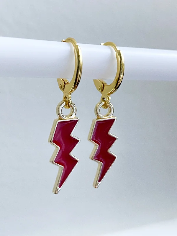 Elegant Gold Earrings For Special Events-Red Lightning Bolt Huggie Earrings