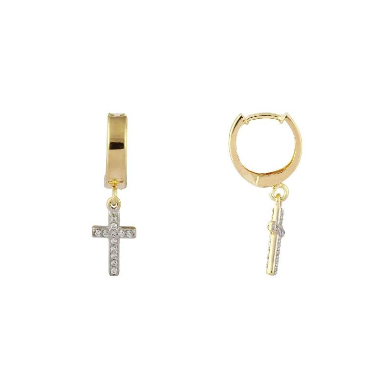 Personalized Earrings With Initials For Gifts-Zirconia Dangling Cross Huggie Earrings (14K)