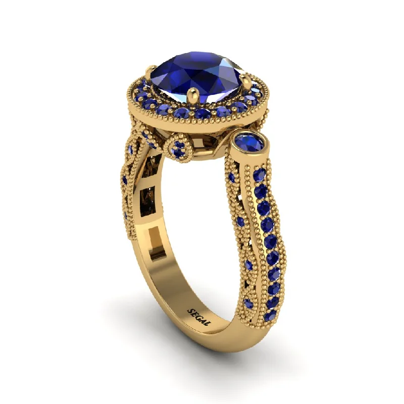 Custom Engagement Rings For Fashion-Forward Brides-Milgrain Halo Pave Sapphire Engagement Ring - Mabel No. 73