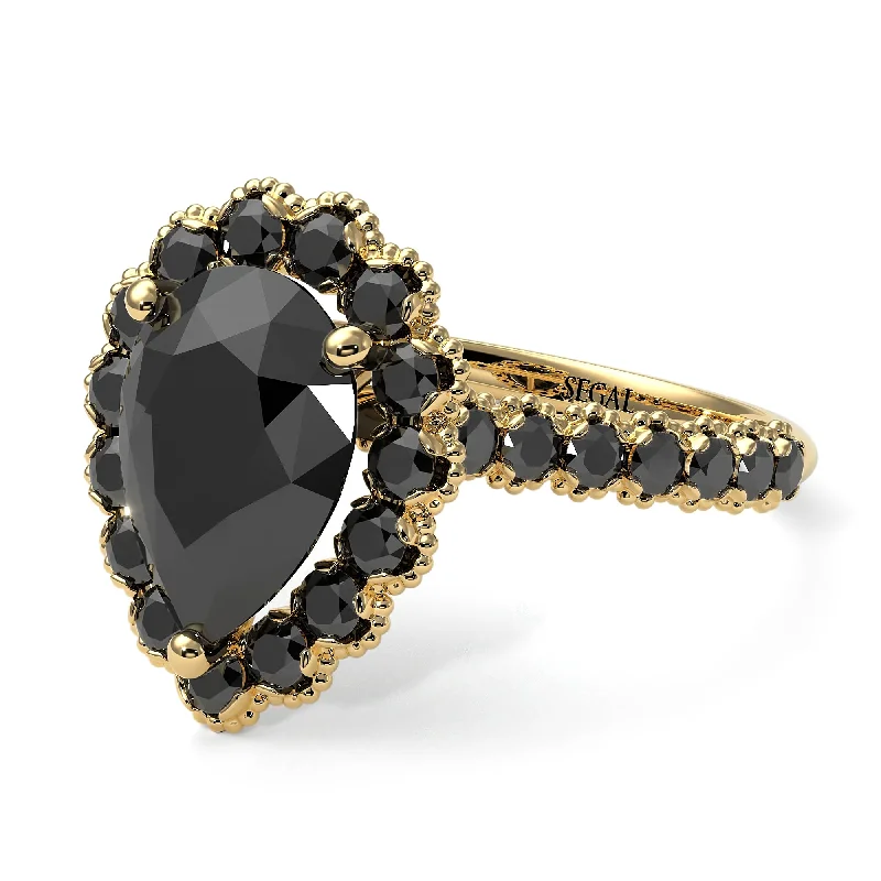 Trendy Stackable Rings For Fashion-Forward Brides-Halo Pear Black Diamond Pave Engagement Ring - Ingrid No. 37