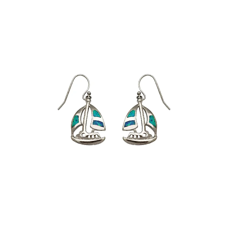 Trendy Pearl Earrings For Casual Outfits-Dangling Opal Sailboat Earrings (Silver)