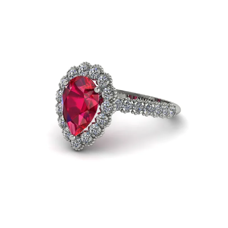 Sparkling Diamond Wedding Rings For Grooms-Halo Pear Ruby Pave Engagement Ring - Ingrid No. 12