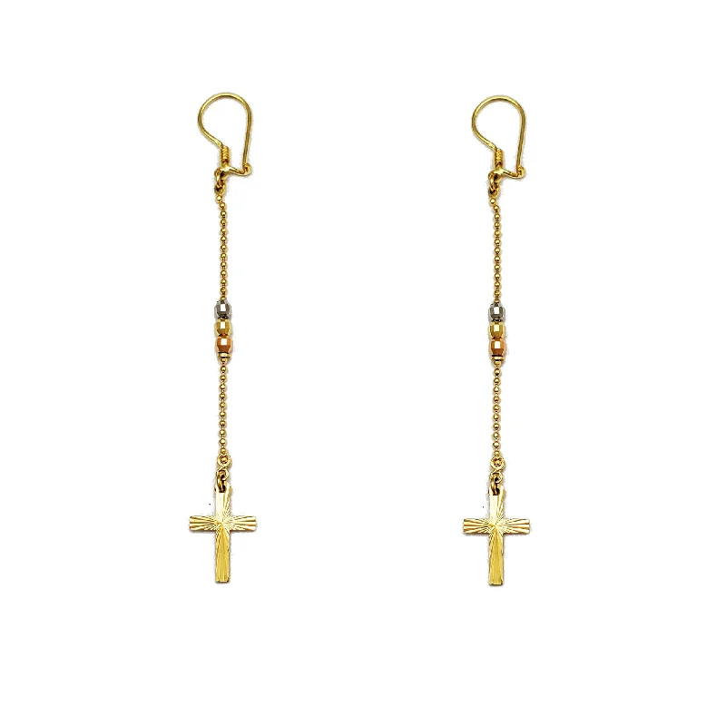 Trendy Silver Earrings For Casual Look-Tri-Color Bead & Cross Drop Earrings (14K)