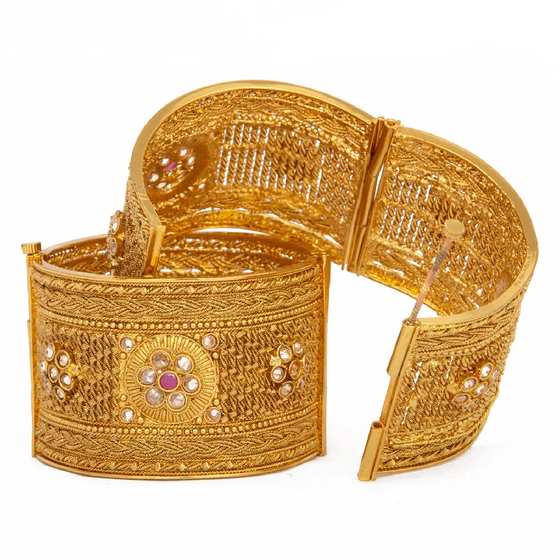 Luxury Wedding Bangles With Gemstone Details-Raddhi Jewels Designer Premium Quality Rajwadi Gold Plated Brass Openable Kada/Bangles Set