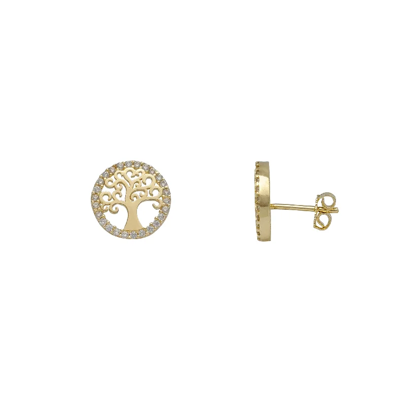 Statement Earrings For Beach Weddings-Zirconia Halo Tree Of Life Stud Earrings (14K)