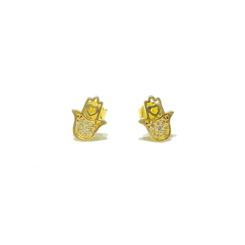 Personalized Heart Earrings For Special Gifts-Yellow Gold Hamsa CZ Stud Earring (14K)