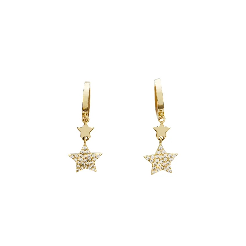 Custom Hoop Earrings For Personalized Style-Dangling Stars CZ Huggie Earrings (14K)