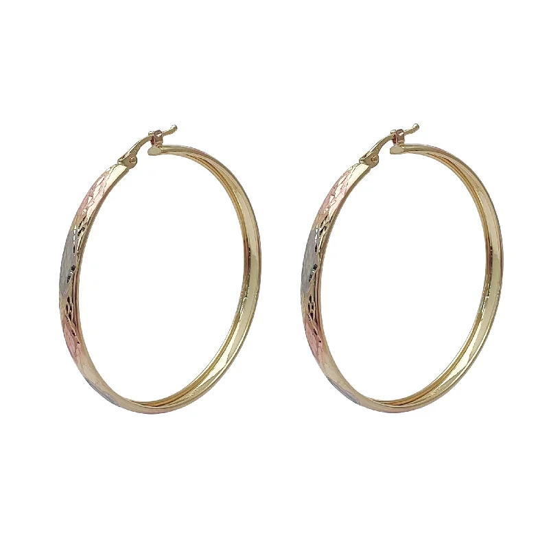 Simple Drop Earrings For Elegant Style-Tricolor Diamond-cuts Hoop Earrings (14K)