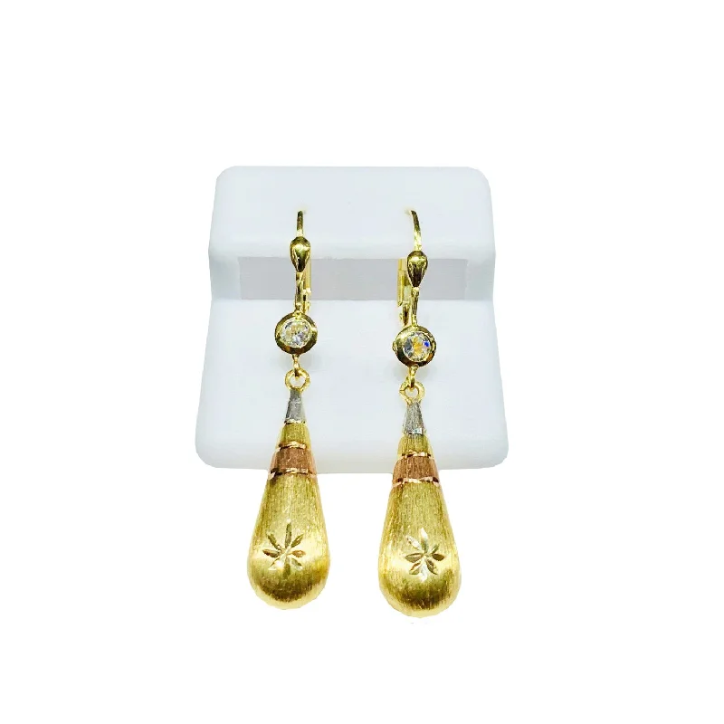 Handcrafted Wooden Earrings For Unique Style-Tri-color Drop CZ Earrings (14K).