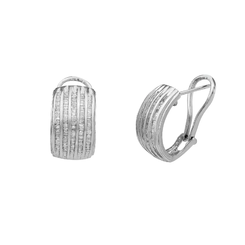 Elegant Hoop Earrings For Anniversary Gifts-Diamond Ridged Baguette Channel-Sets Omega-Back Earrings (14K)