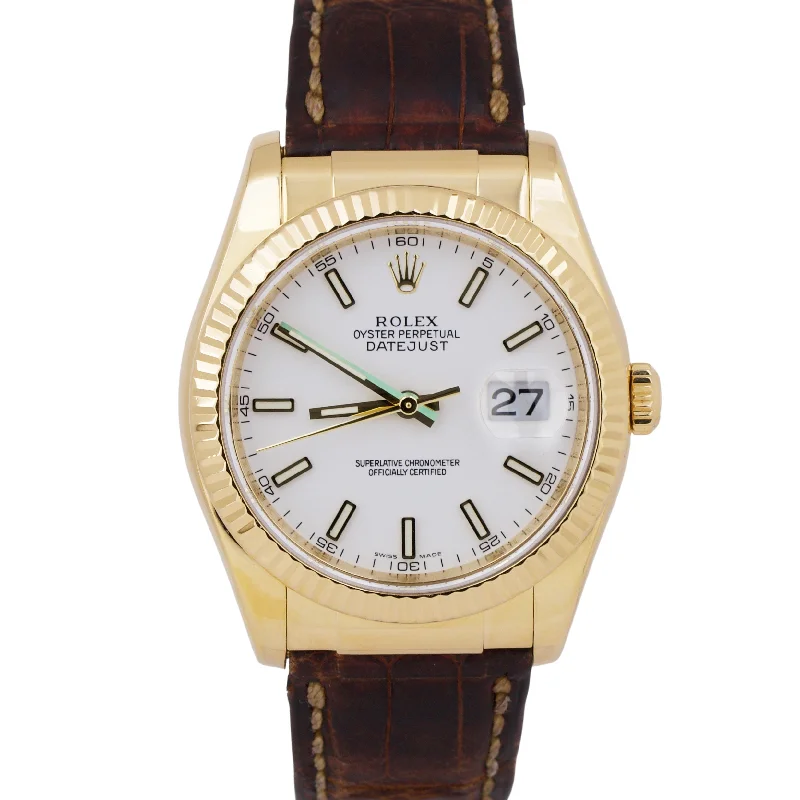 Solar Powered Watches For Eco-Conscious Consumers-PAPERS Rolex DateJust 36mm WHITE 18K Yellow Gold Brown Leather Watch 116138 BOX