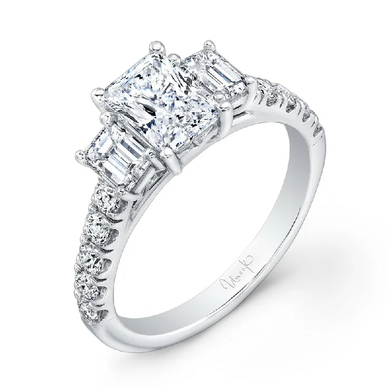 Elegant Sapphire Rings For Wedding Day-Uneek Emerald-Cut Diamond Three-Stone Engagement Ring with Pave Upper Shank