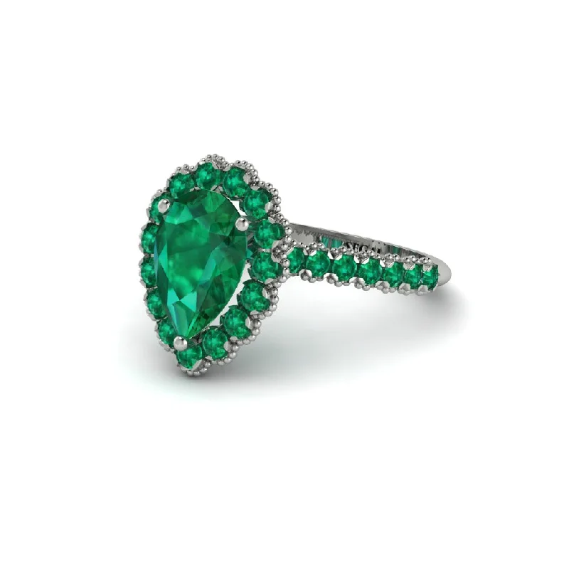 Unique Gemstone Engagement Rings For Bridesmaids-Halo Pear Emerald Pave Engagement Ring - Ingrid No. 21