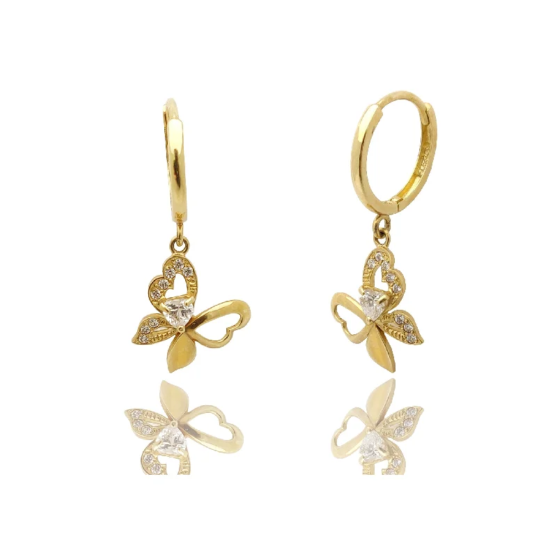 Silver Earrings For Formal Events-Hanging Butterfly CZ Huggie Earrings (14K).