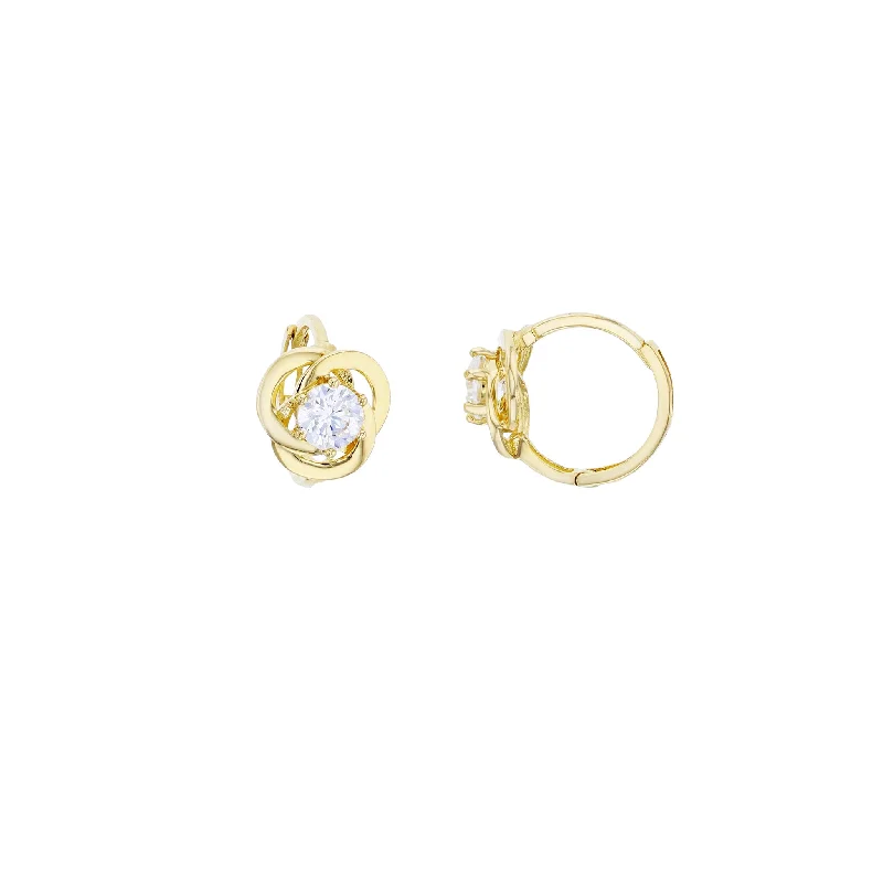 Elegant Hoop Earrings For Anniversary Gifts-Flower Design Knot CZ Huggie Earrings (14K)