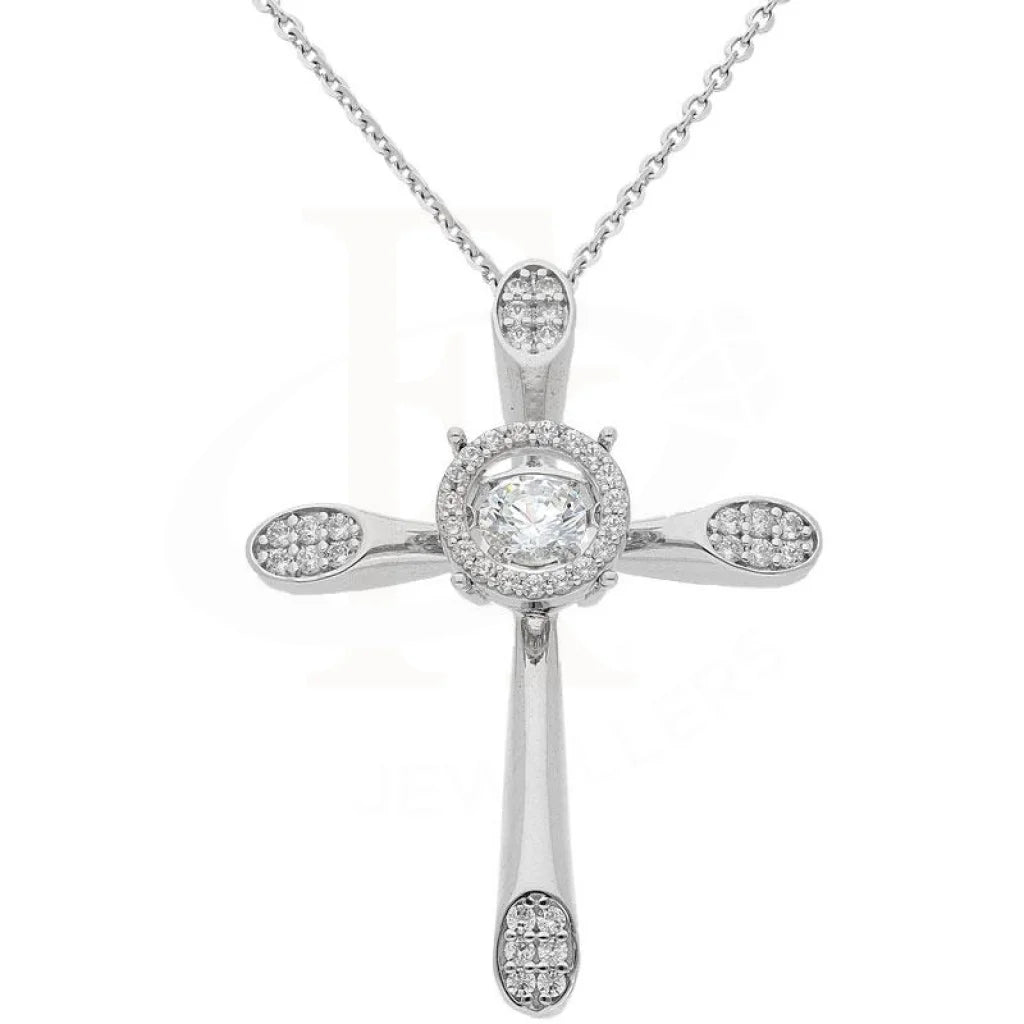 Elegant Sapphire Necklace For Special Events-Dancing Stone Swarovksi Zirconia Cross Pendant Necklace in 18KT White Gold - FKJNKL1959