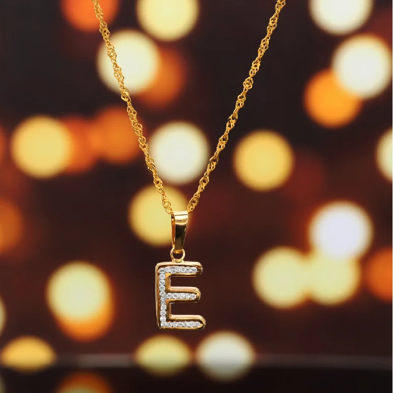 Long Gold Necklace For Casual Wear-Gold Necklace (Chain with E Shaped Alphabet Letter Pendant) 18KT - FKJNKL18K9411