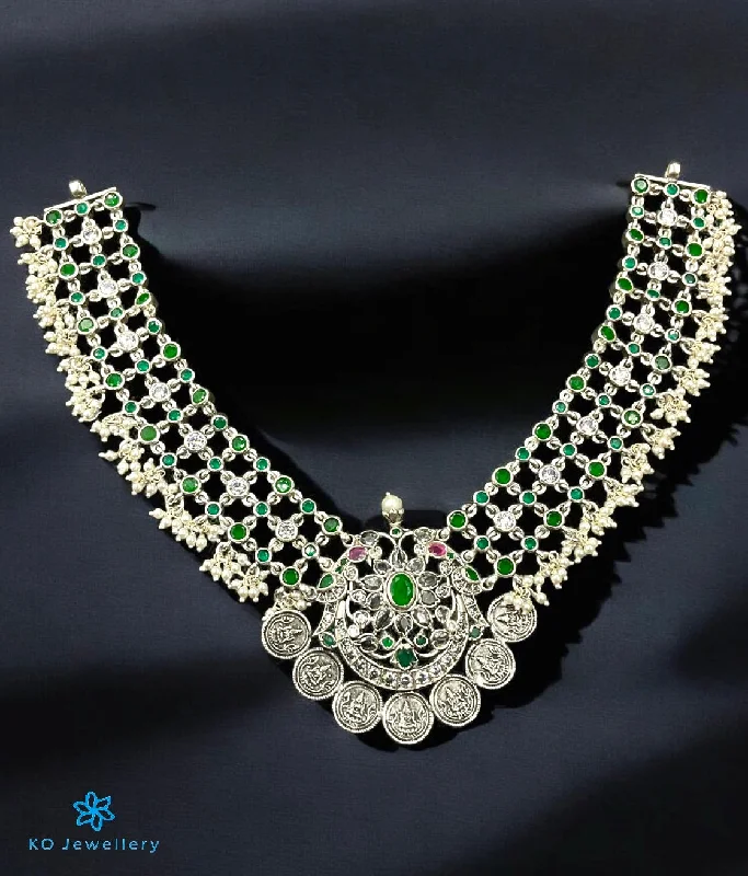 Sparkling Crystal Necklace For Weddings-The Sayari Silver Lakshmi Coin Necklace (Green; Oxidised)