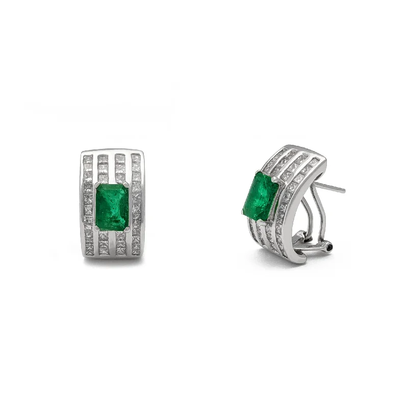 Retro-Inspired Earrings For Vintage Lovers-Diamond Stanchion Emerald Huggie Earrings (18K)