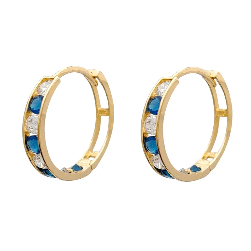 Chic Crystal Earrings For Evening Parties-White & Blue Zirconia Hoop Earrings (14K)