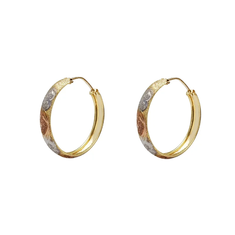 Minimalist Earrings With Pearls For Day Wear-Tri-Color Heart Sandblast Bangle Hoop Earrings (14K)