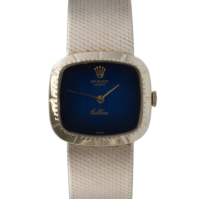 Customizable Watch Straps For Watches-1976 Rolex Cellini 4318 18k White Gold Blue Dial 24mm Ladies Rectangular Watch