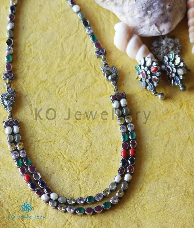 Luxury Gemstone Necklace For Bridesmaids-The Darshita Silver Navaratna Peacock Necklace(2 Layers/Oxidised)